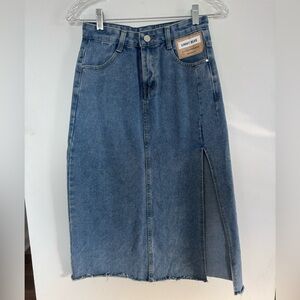 High Waisted Denim Midi Skirt Front Slit Raw Hem Light Wash Sz M